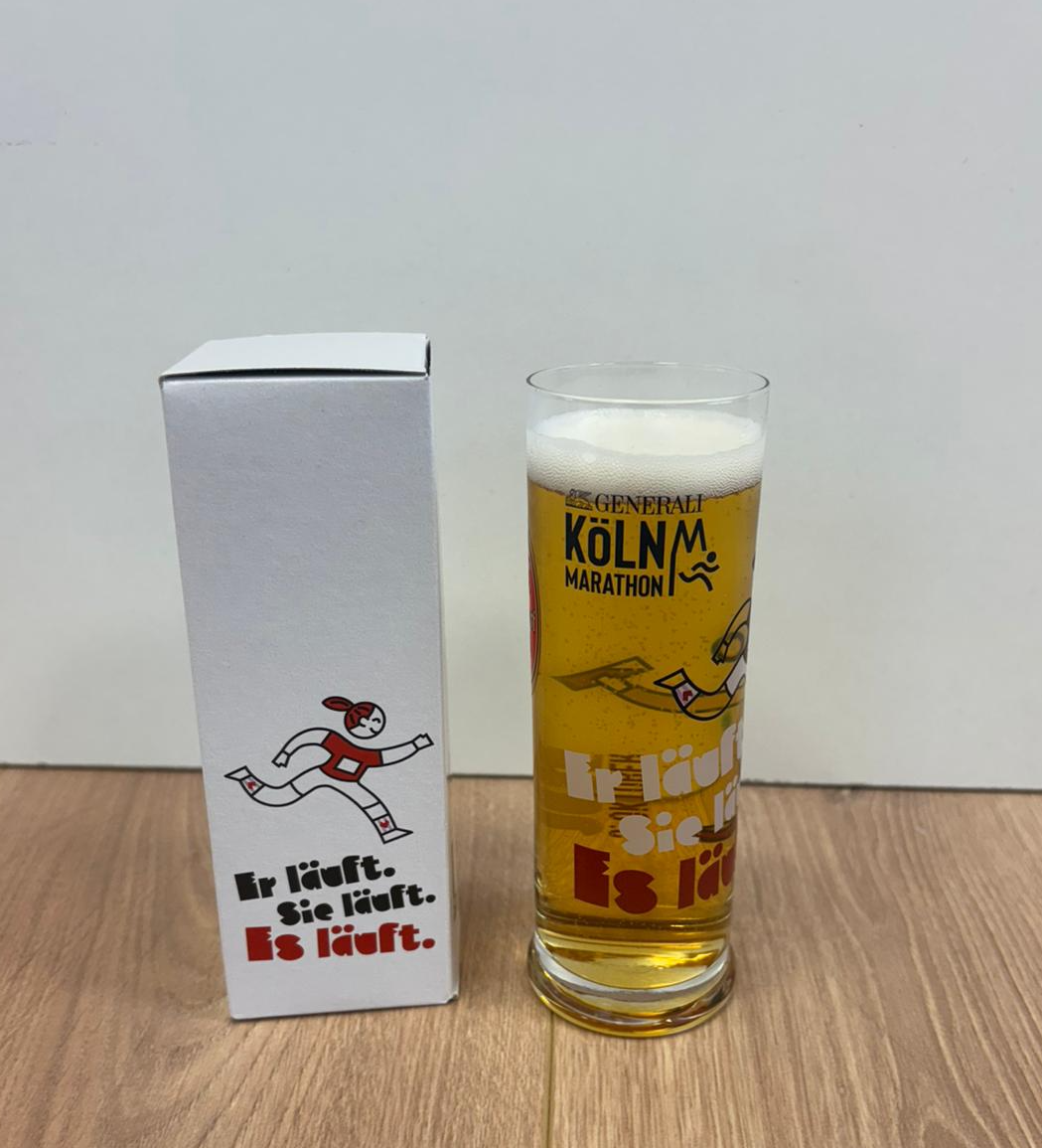 Kölsch Glas von Reissdorf mit Köln Marathon Motto